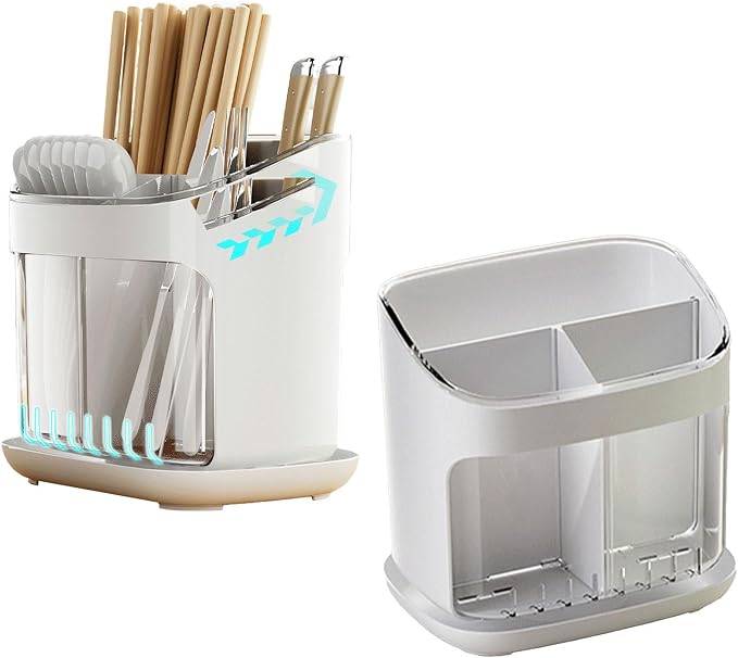 Yosoo Kitchen Utensil Holder, Countertop Organizer with Dedicated Compartments for Chopsticks Forks Spoons, Drainage Groove and Removable Drip Tray, Compact Storage Box for Contem (White Transparent)