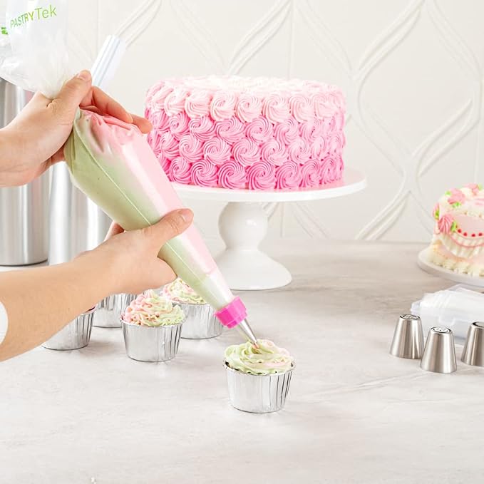 Restaurantware COUPLER ONLY: Pastry Tek 1.1 x 2.4 Inch Swirl Coupler 1 Durable Tip Coupler - Dual Tone Piping Bag Sold Separately Pink & White Plastic Icing Tip Coupler For 0.7 to 1 Inch Tips