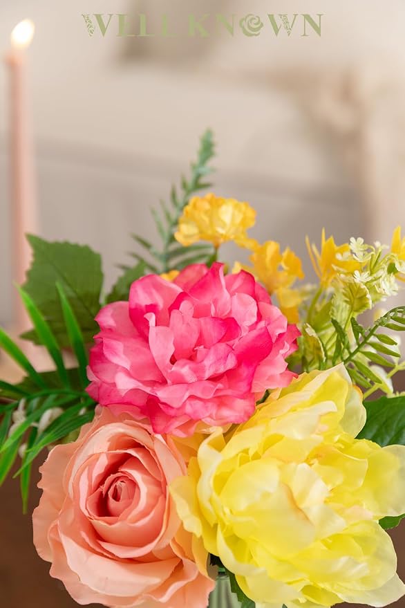 WELL KNOWN Artificial Flowers in Glass Vase, Spring Flowers Silk Rose Peony Bouquet for Home Dining Table, Office, Hotel, Wedding, Party, Lavatory Decor & Birthday Gift (Hot Pink, Coral & Yellow)