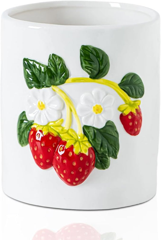 dgudgu Strawberry Kitchen Utensil Holder for Countertop Ceramic Utensil Crock for Kitchen Counter with Carved Strawberry Vine Design White Farmhouse Countertop Organizer for Spoons,Spatulas(white)