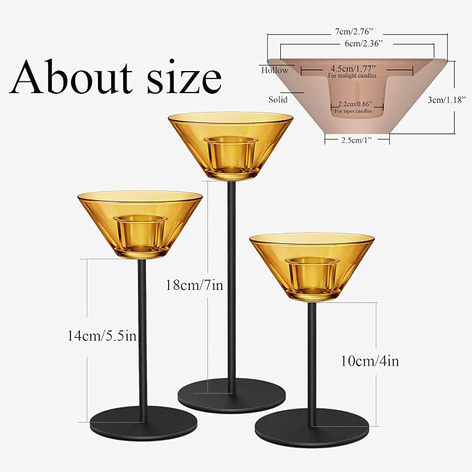 Smytle Amber‑Gold Glass Candlestick Holders with Weighted Black Metal Base, Set of 3 Amber Candle Holders for Both Taper and Tea Light Candles, Boho & Autumn Table Decor, Wedding Centerpiece