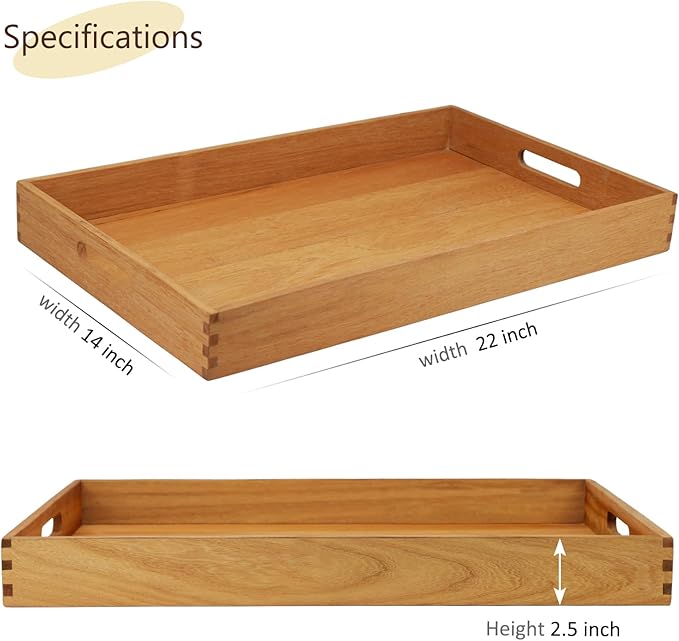 22 x 14 Inches Large Rectangle Teak Wood Ottoman Tray with Handles, Serve Tea, Coffee, Classic Wooden Decorative Serving Tray