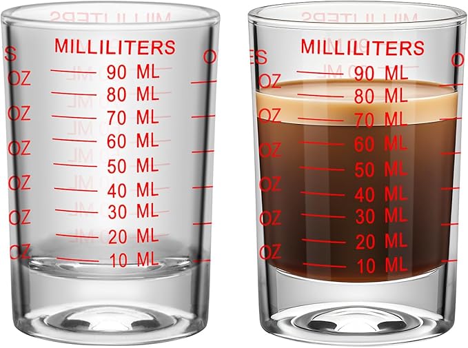 2Pcs Shot Glass Measuring Cup 3 Ounce/90ML Liquid Heavy High Espresso Glass Cup Black Line Espresso Shot Glasses with Measurement (2, Red scale)