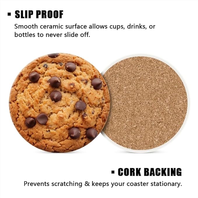 1 Pcs Coffee Cup Coasters for Drinks, Chocolate Chip Round Absorbent Non-Slip Ceramic Stone Cork Coasters for Kitchen Living Room Office Decoration Bar (4 * 4 Inch)