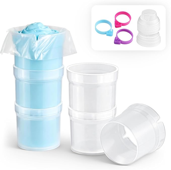 Pastry Piping Bag Holder Stand SET for Filling – Plastic Bakery Piping Stand with 3 Silicone Icing Bag Ties and 1 Frosting Coupler – Stable Baking Decorating Tool (Efficient Set)