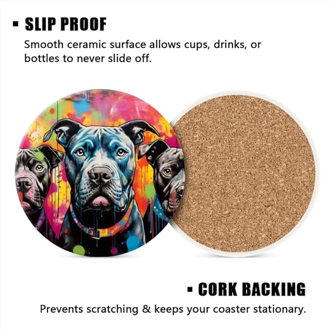1 Pcs Coffee Cup Coasters for Drinks, Graffiti Style Black Pit Bulls Round Absorbent Non-Slip Ceramic Stone Cork Coasters for Kitchen Living Room Office Decoration Bar (4 * 4 Inch)