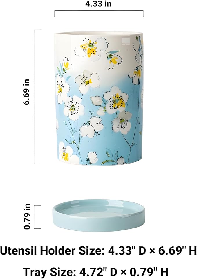 Utensil Holder for Kitchen Counter, Large Ceramic Utensil Holder Crock with Drain Tray, Hand-Painted Floral Rustic Farmhouse Kitchen Crock, Perfect for Women, Christmas, Hostess Gifts & Fall Decor