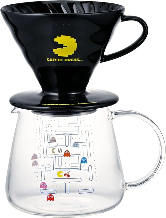 HARIO V60 Pour Over Coffee Dripper Set with PAC-MAN – Ceramic Coffee Maker with Glass Server, Limited Edition Japanese Design