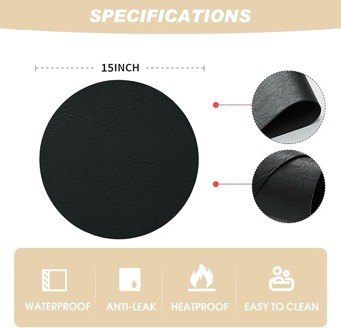 Artoid Mode Black Faux Leather Placemats Set of 6, 15 Inch Waterproof Wipeable Heat Resistant Vinyl Place Mats, Reversible Table Mats for Kitchen Dining Decor