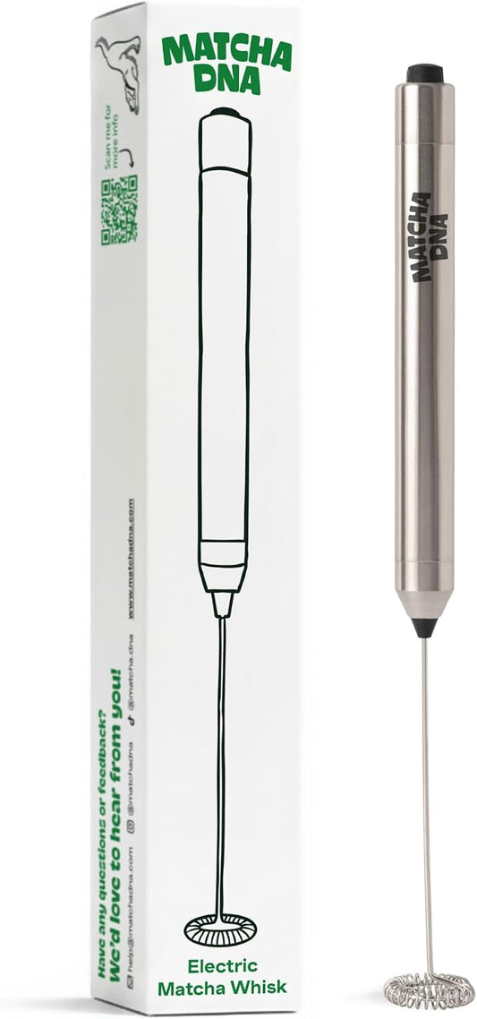 Matcha DNA Handheld Milk Frother Wand. Stainless Steel Electric Matcha Whisk, Lightweight. Hand Mixer for Coffee, Matcha Lattes, Protein Shakes & Drinks. Battery Operated Milk Frother Handheld Whisk