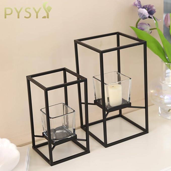Set of Candlestick Holders in Two Sizes, Versatile Square Glass Candle Holder with Black Frame, Moden Style Candle Stand for Home Decor, Wedding, Party & Table Centerpiece