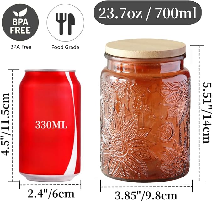 ANSQU Vintage Glass Kitchen Storage Counter Jar, Candy Jars with Lids, Coffee Container for Ground Coffee, Mason Jar Hold Coffee Beans, Tea, Sugar, Bath Salts & More, 23.7 FL OZ (Amber, 1Pack)