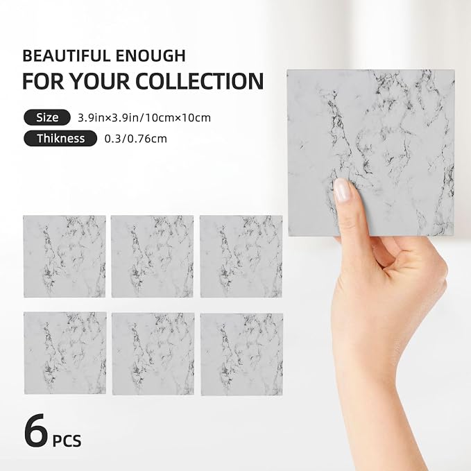 Marble White Square Ceramic Coasters Set of 6 Pack, Rustic/Retro White Ink Granite Marble Texture Stone Drink Coaster with Cup Holder Anti-Scratc Cork Backing Bar Kitchen Home Housewarming Gift