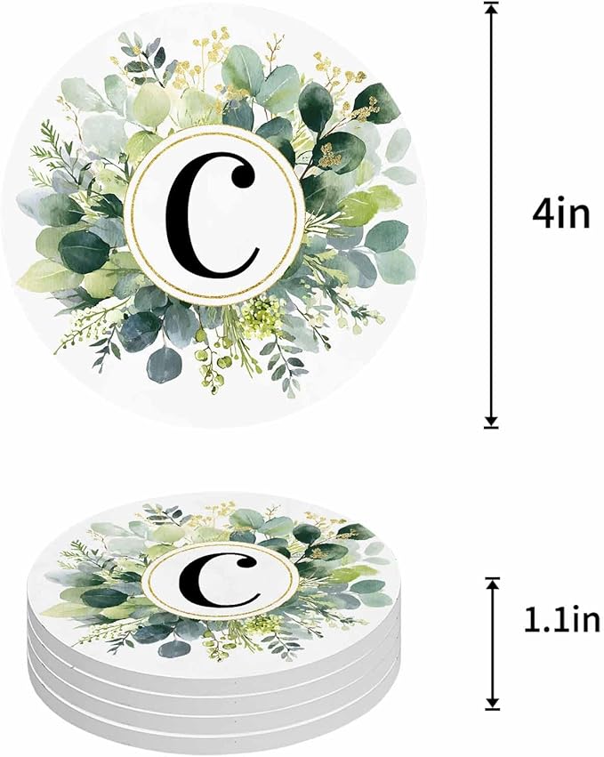 Coasters Set of 6 Letter C Drink Coasters with Holder Absorbent Stone Ceramic Cup Mat Alphabet Green Eucalyptus Leaves Coaster for Drinks Coffee Bar Office Kitchen Cafe Home Decor