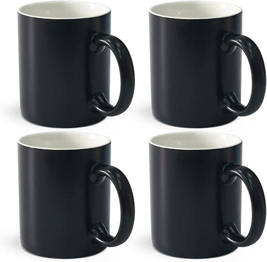 12 oz Cup Plain Gloss Black Ceramic Coffee Mug Set of 4 for Milk, Tea, Glazed Porcelain Cups with handle for Home Office, Dishwasher & Microwave Safe