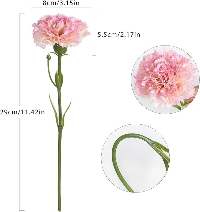 Artificial Carnation Flowers - 15pcs Pink Silk Flowers with Stems for Home Decor, Wedding, Bridal Bouquet, Anniversary, Birthday and Floral Arrangements