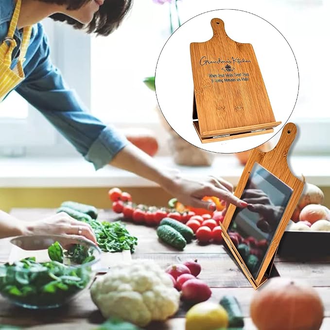 Cookbook Stand for Kitchen Counter, Rustic Cookbook Display Holder for Convenient Cooking, Adjustable Pad Tablet Recipe Book Holder, Wood Cutting Board Style Kitchen Gifts for Cooking Lovers