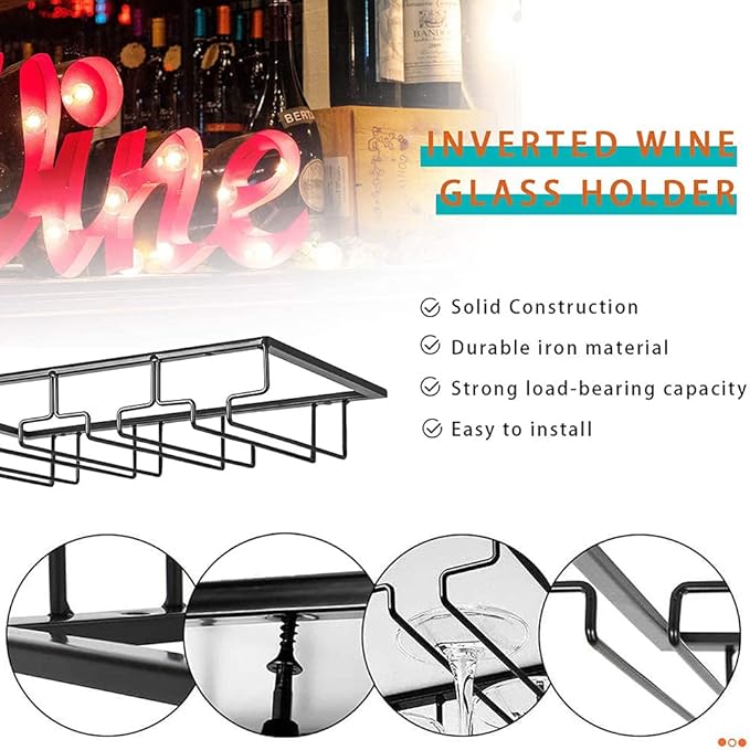 Wine Glasses Rack Under Cabinet, Wine Glass Holder, Stemware Rack, Stemware Wine Glass Holder Glasses Storage Hanger Metal Organizer, Hanging Stemware Holder for Bar Kitchen(3 Rows Matte Black)