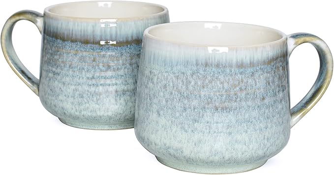 Bosmarlin Large Ceramic Wide Coffee Latte Mug Set of 2, 18 Oz, Big Stoneware Tea Cup for Office and Home, Dishwasher and Microwave Safe (Willow Green, 2)