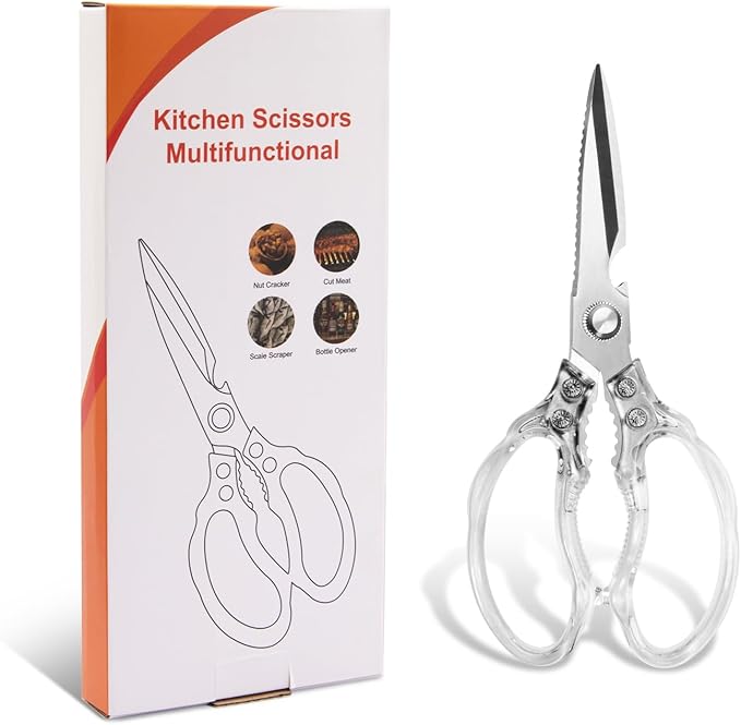 CGBE Kitchen Scissors, Multi-Purpose Kitchen Shears, Heavy Duty Food Scissors for Chicken, Poultry, Fish, Meat & Herbs with Non-Slip Grips (Transparent)