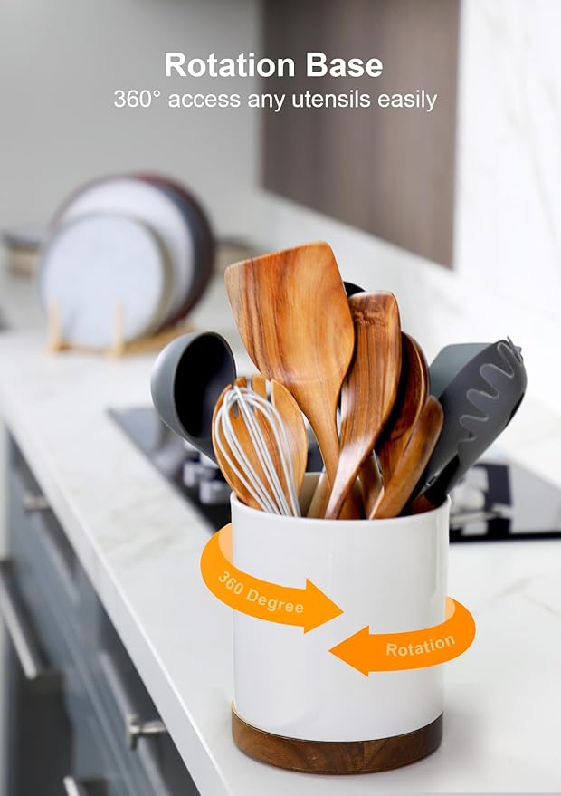 Nucookery 360° Rotating Utensil Holder, 7.2" Large Utensil Crock, White Ceramic Cooking Utensil Organizer with Countertop-Protection Cork Bottom for Farmhouse Kitchen Decor Christmas Gift (White)