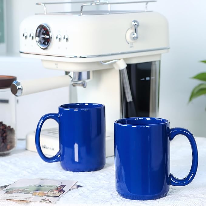 16 OZ Porcelain Coffee Mugs, Classic Blank Ceramic Cup with Large Handle for Tea Latte Cappuccino, Set of 4, Blue
