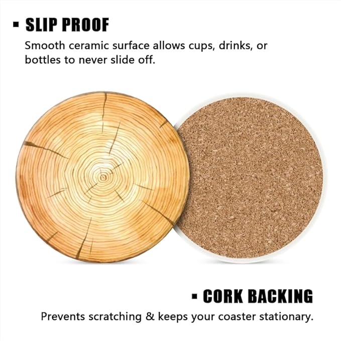 1 Pcs Coffee Cup Coasters for Drinks, Cross Section of Tree Trunk Round Absorbent Non-Slip Ceramic Stone Cork Coasters for Kitchen Living Room Office Decoration Bar (4 * 4 Inch)