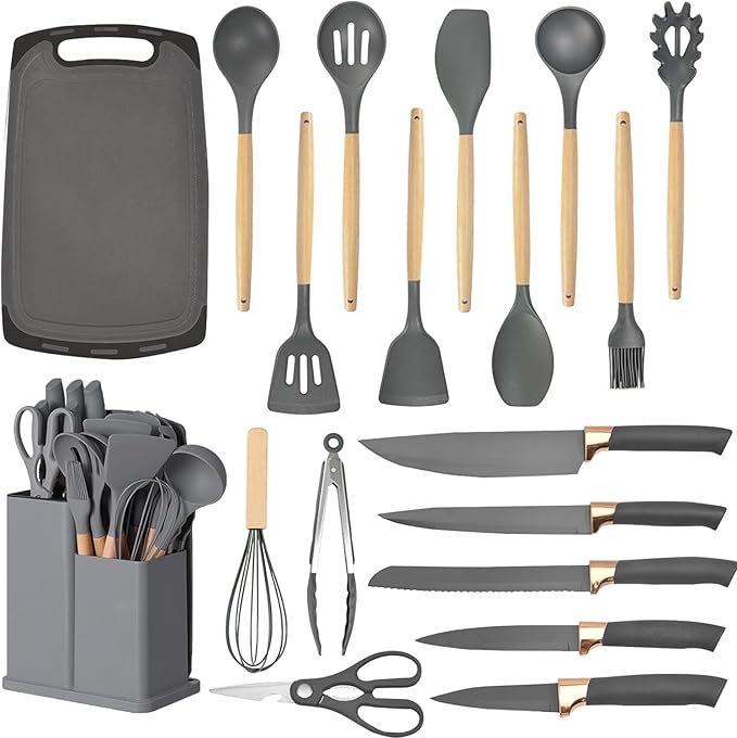 19-Piece Kitchen Utensil & Knife Block Set: 12 Non-Stick, Heat-Resistant Silicone Cooking Utensils (Spatula, Tongs, Ladle, Scissors) + 5 Sharp Kitchen Knives & Cutting Board (Gray)