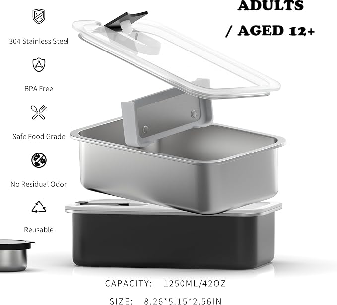 Bakpoco Stainless Steel Bento Lunch Box, 42oz Leak-Proof Metal Lunch Box Containers, Microwave-Safe, with Adjustable Divider, Convenient Lunchbox for Work, Travel