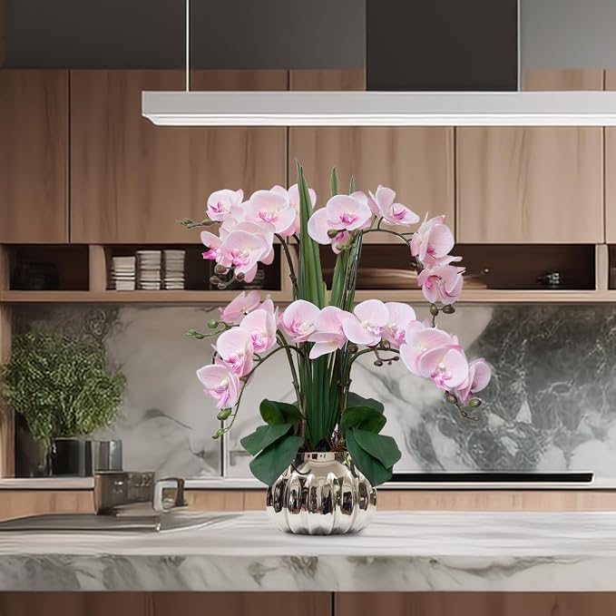 CXGS Artificial Orchid Flower Real Touch Faux Orchids in Ceramic Vase Large 22.9'' Fake Flowers Pink Phalaenopsis Floral for Home Indoor Decor