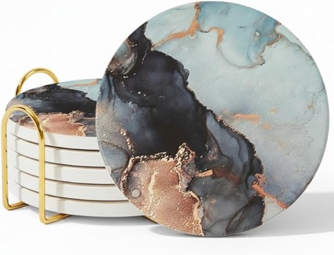 Colorful Ceramic Marble Coasters Set of 6, Cute Moisture Absorbing Coaster, Coffee Table Decor, Stone Absorbent Drink Coasters