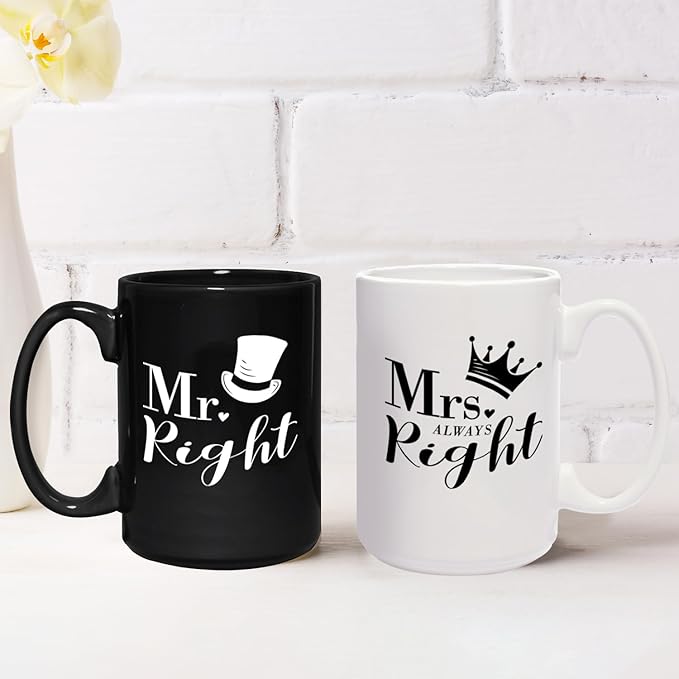 Mr. Right And Mrs. Always Right Mugs / 2 Jumbo 15 Ounce Black And White Matching Ceramic Mugs / Funny Couples Wedding Coffee Cup Present Set / One Black Mug One White Mug Relationship Cup Pair