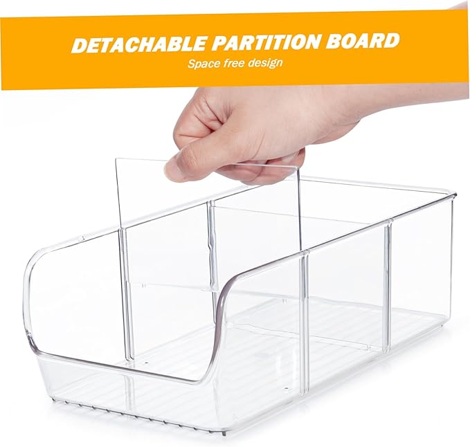 Snack Containers for Pantry, 2PCS 11x5.5x3.5 Snack Storage with Removable Dividers, Clear Plastic Bin, Stackable Organizer for Office, Fridge, Cabinet, Kitchen Containers