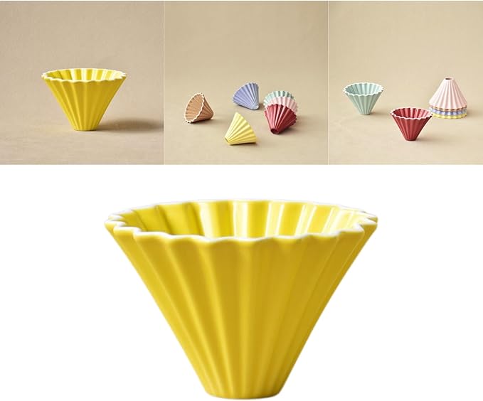 Yellow Ceramic Pour Over Coffee Dripper - 10.3×7.8cm Origami-Inspired V60 Cone Filter, Heat Retaining Hand Brew Cup with Deep Grooves for Smooth Flow and Rich Coffee Flavor