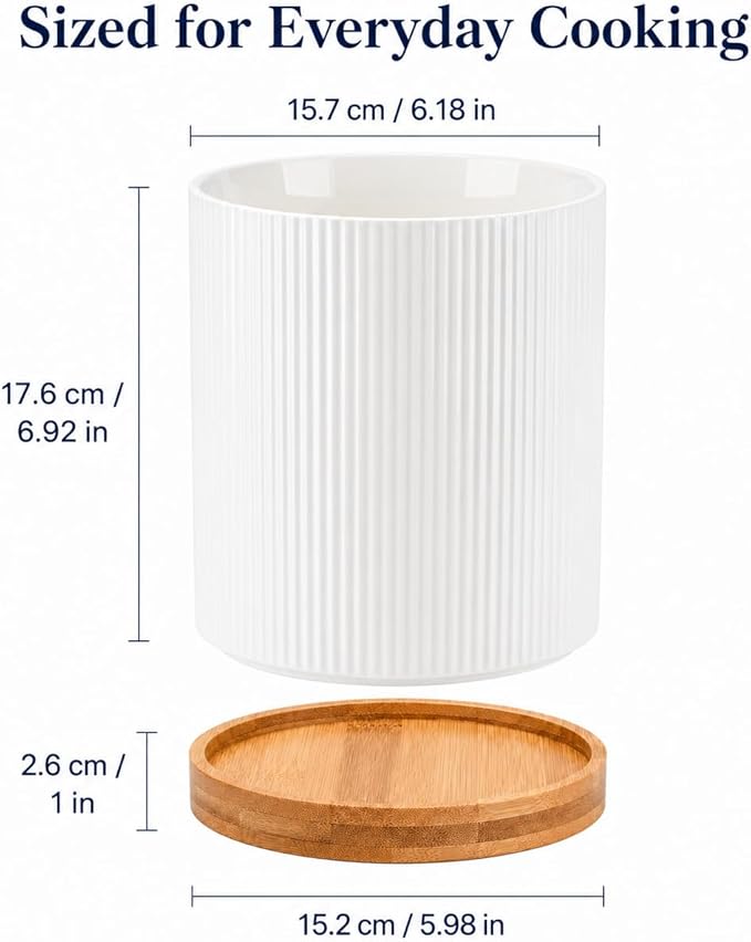 QUELIEN Utensil Holder, 360° Rotating Ceramic Kitchen Utensil Holder for Countertop, 7.7" Utensil Crock for Kitchen Counter with Rotatable Wooden Base,Ideal Housewarming Gift & Mothers Day Gift