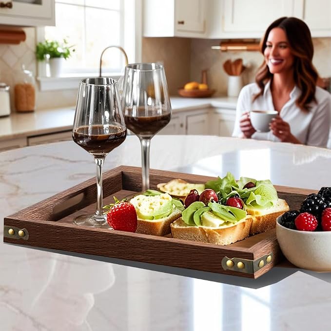 Serving Tray with Handles,15.8"x 11" Wood Decorative Tray for Living Room, Modern Coffee Table Tray, Square Large Serving Platters for Home Decor, Ottoman, Bed, Kitchen, Bathroom, Breakfast, Bar
