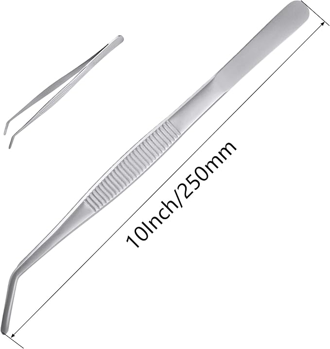 10Inch Fine-Tip Kitchen Tweezers Tongs – Extra-Long Stainless Steel Cooking Tweezers Dishwasher Safe for Grilling, Baking & Food Prep (10In Bent BBQ Tongs)