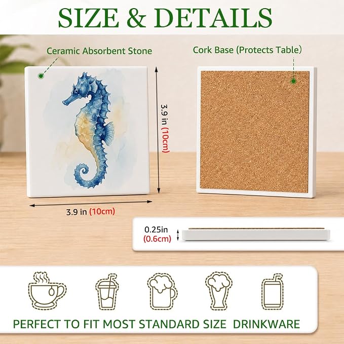 2 Pcs Watercolor Blue Seahorse Jellyfish Ceramic Coasters, Absorbent Coasters for Drinks, Sea Theme Cup Coaster Mat for Sea House Desk Coffee Bar Table, Beach Nautical Kitchen Decor
