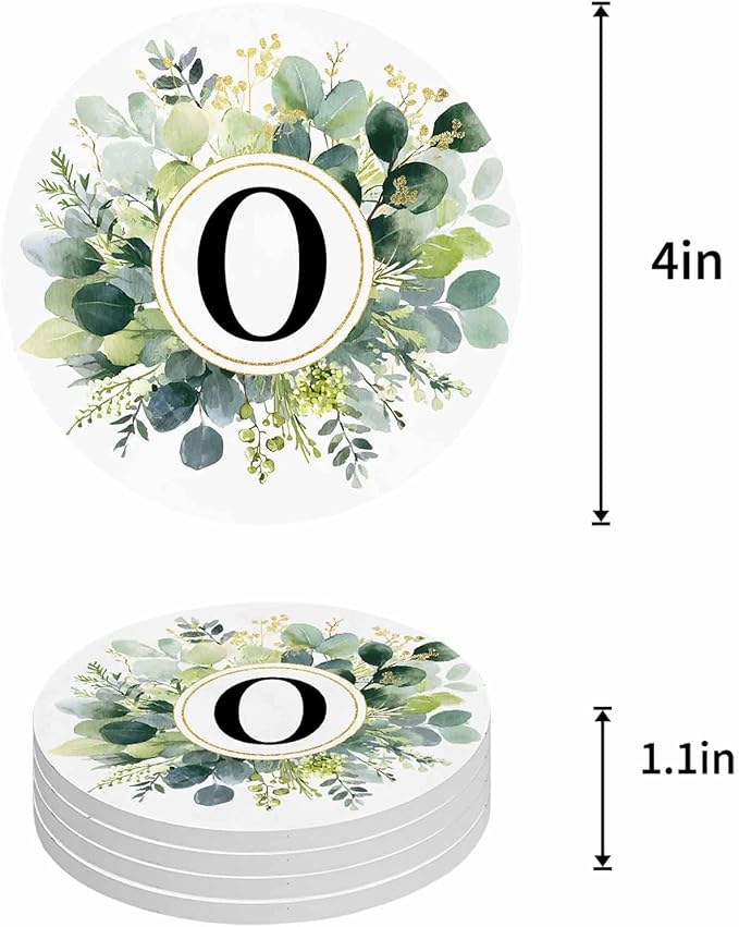 Coasters Set of 6 Letter O Drink Coasters with Holder Absorbent Stone Ceramic Cup Mat Alphabet Green Eucalyptus Leaves Coaster for Drinks Coffee Bar Office Kitchen Cafe Home Decor