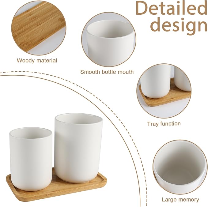 Utensil Holder,6.2"+5.2" Ceramic Utensil Caddy for Kitchen Counter with Bamboo Tray,Countertop Cooking Silverware Organizer for Spatula,Spoon,Knives Forks Caddy Holder,Kitchen Decor,Set of 2