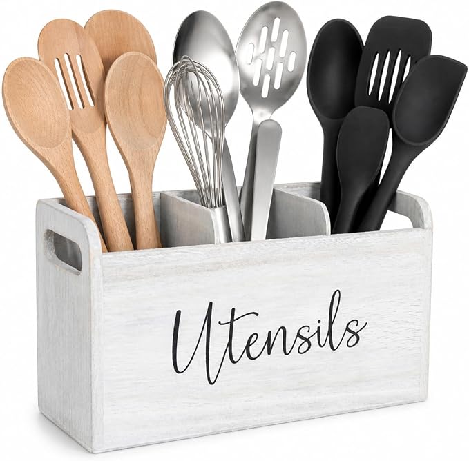 White Kitchen Utensil Holder for Countertop – Large 3-Compartment Cooking Utensil Organizer & Caddy with Drain Holes, Modern Wood Utensil Holder for Kitchen Counter, Spatula & Spoon Storage