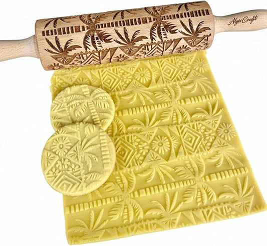 PALM TREE Embossing Rolling Pin with Tropical Pattern. Dough and Clay Roller for Embossed Cookies and Pottery. Cookie and Ceramic Stamp. Backing Gifts for Women by Algis Crafts