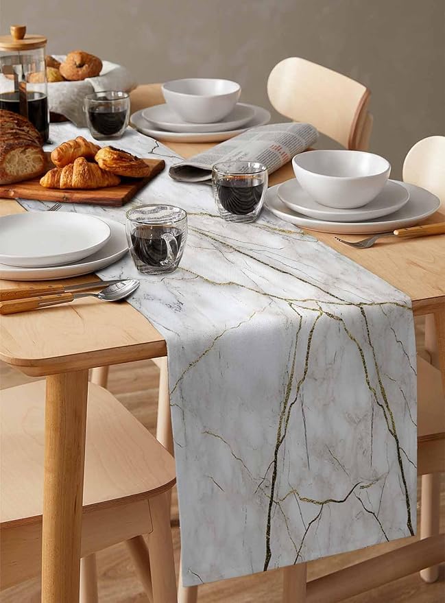 Marble Table Runner-Cotton Linen-Small 36 inches White Gray Gold Dresser Scarves,Texture Tablerunner for Kitchen Coffee/Dining/Sofa/End Table Bedroom Home Living Room,Scarf Decor for Holiday Dinner