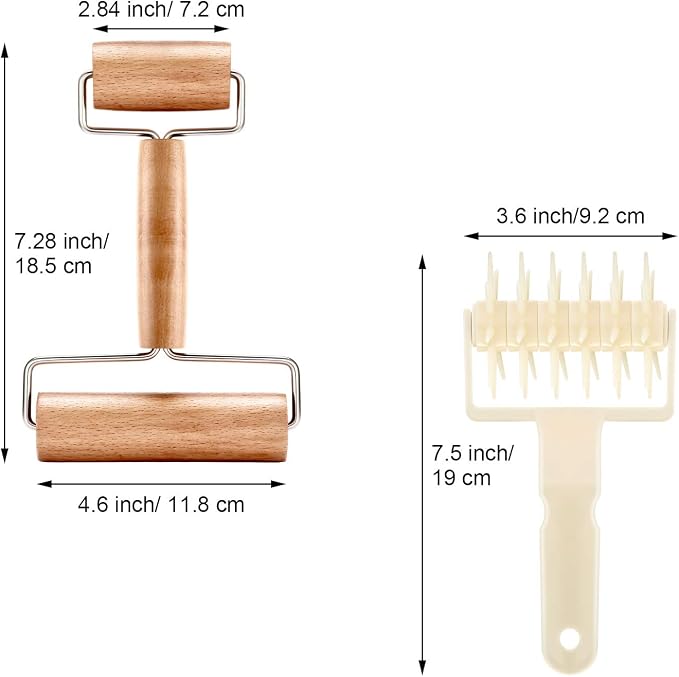 Mudder 2 Pcs Pizza Dough Roller Docker Set, Plastic Dough Docker Pastry Roller with Spikes Non-stick Wooden Rolling Pin for Cookie, Pie, Pastry, Bread, Crust