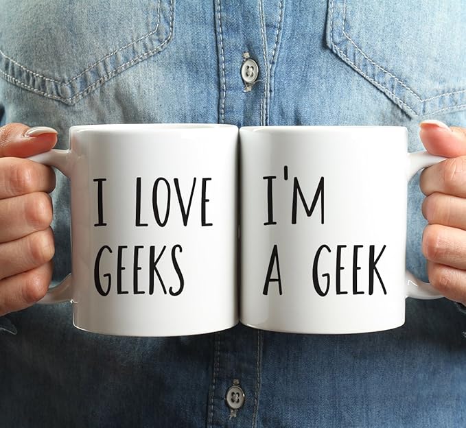 Andaz Press Funny Couples 11 oz Ceramic Coffee Mugs, I'm a Geek, I Love Geeks, His and Hers Mugs Set of 2, Valentines Day Coffee Mug for Him and Her, Mr and Mrs Mugs, Couple Mugs for Husband