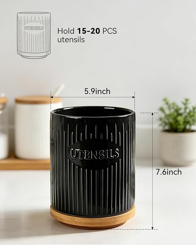360° Rotating Utensil Holder, 7.6" Large Ceramic Kitchen Utensil Holder for Countertop with Rotatable Bamboo Base, Stable Cooking Utensil Crock, Farmhouse kitchen Decor, Black