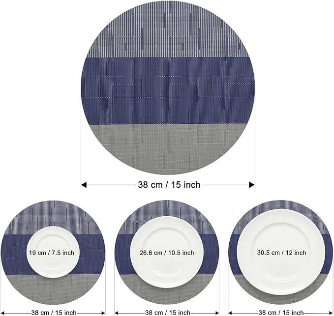 Round Placemats Set of 6, 15 Inch Woven Vinyl Heat Resistant Place Mats, Washable Non Slip PVC Table Mats for Kitchen Dining Party Outdoor Table Decor (Blue Gray, 6)