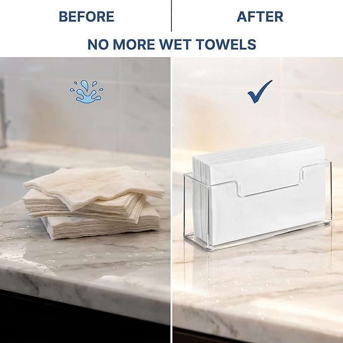 Acrylic Guest Towel Holder Tray for Bathroom – Vertical Paper Towel Holder for Disposable Hand Towels, Clear Waterproof Napkin Organizer for Bathroom Countertop or Kitchen Sink