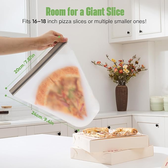 Lerine Reusable Freezer Bags, 2 Pack Dishwasher Safe Pizza Storage Container, Leakproof BPA-Free Food Storage Bags for Leftover Pizza, Fruit, and Meal Prep
