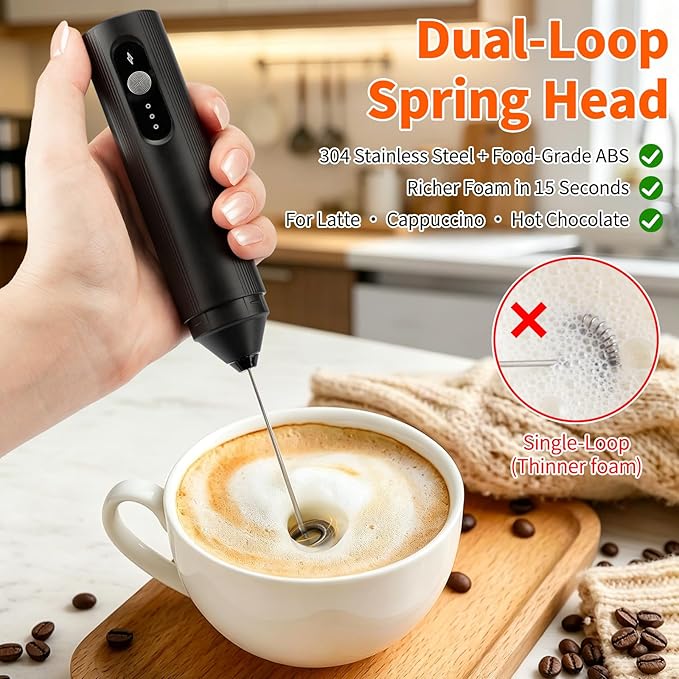 TonJin Rechargeable Milk Frother Handheld with Travel Cover, 3-Speed Adjustable Electric Whisk for Coffee, Latte, Cappuccino, Matcha, Powerful Dual Coil Foam Maker, USB-C Charging Drink Mixer Wand